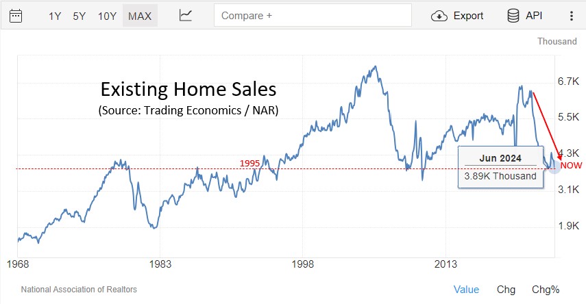 Existing home sales plummeted to 3.89 million annualized in June 2024 (Source: NAR)