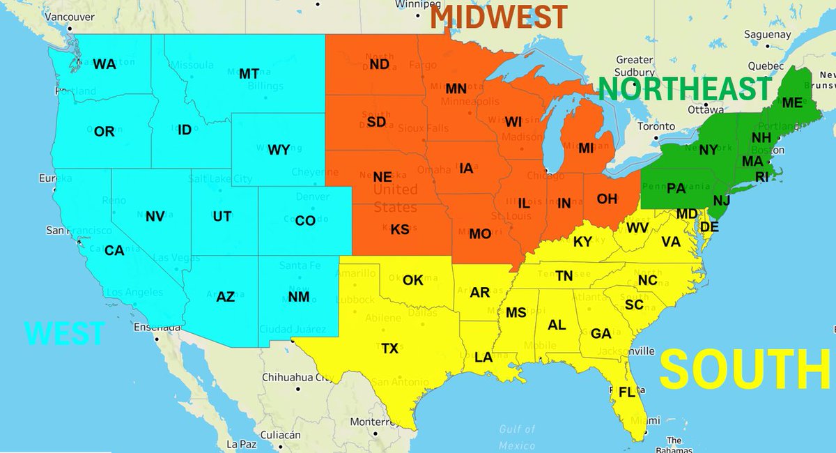 Map of the US Census regions in America.