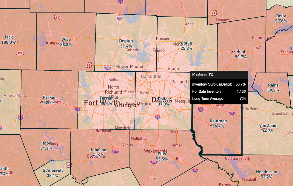 Housing inventory across the DFW metro has spiked most in the outlying counties.