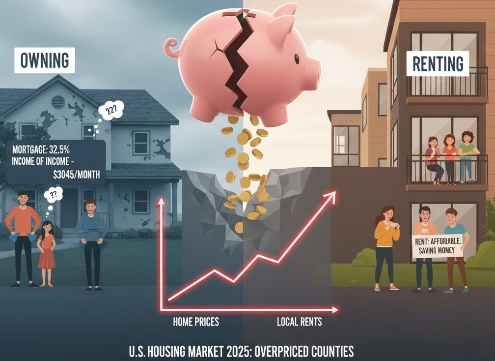 Zillow & Reventure App Data Reveal the 10 Most Overpriced U.S. Counties in 2025 (vs. Rent)